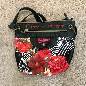 Desigual Crossbody Bag "I Choose To Be Happy" Boho Bag; Floral Design; Zipper